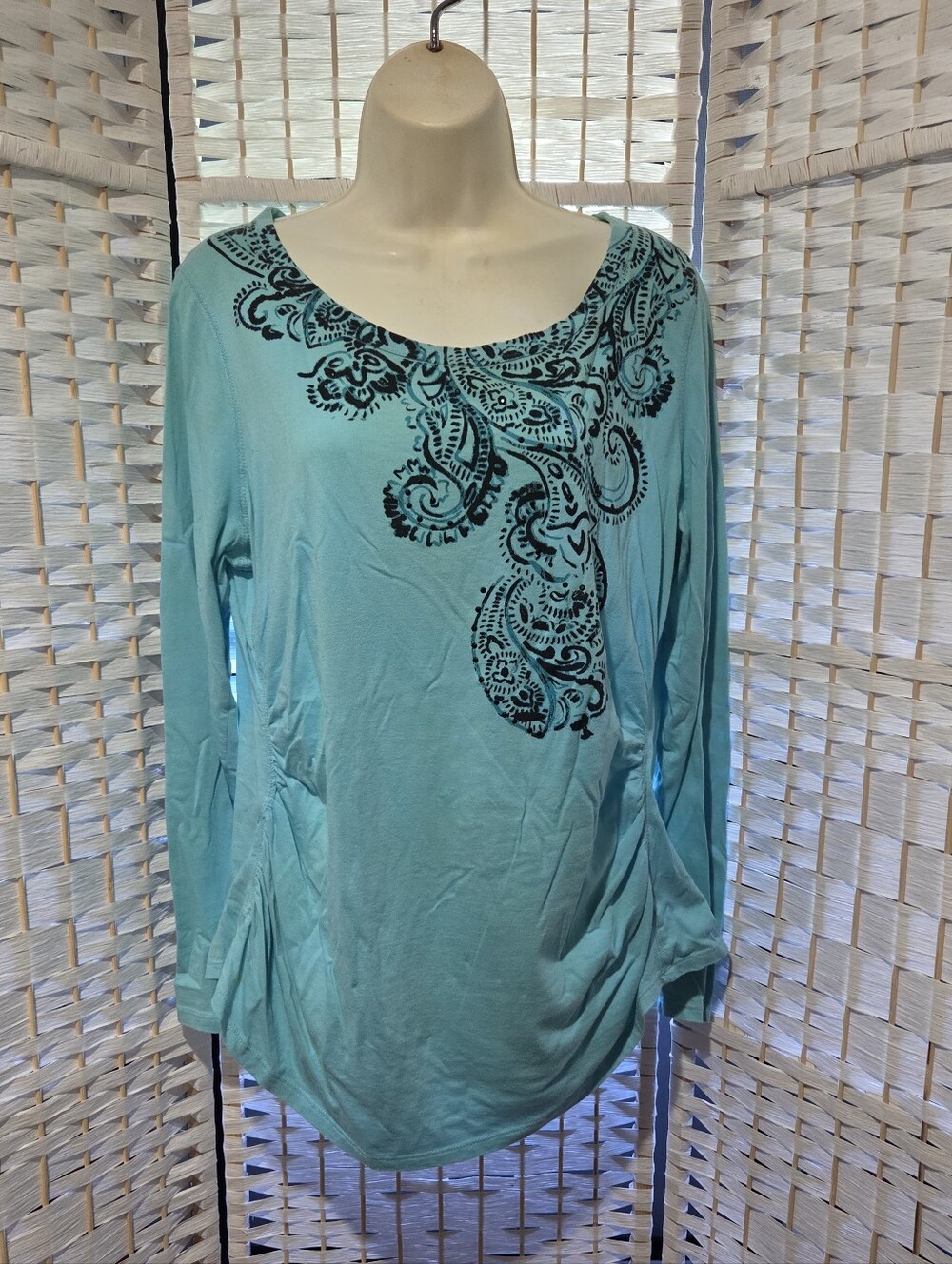 New Direction Women’s Long Sleeve Scoop Neck Top with Paisley Print - Aqua